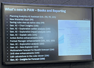 What's new in Paw - Books and Reporting slide on a TV screen. 