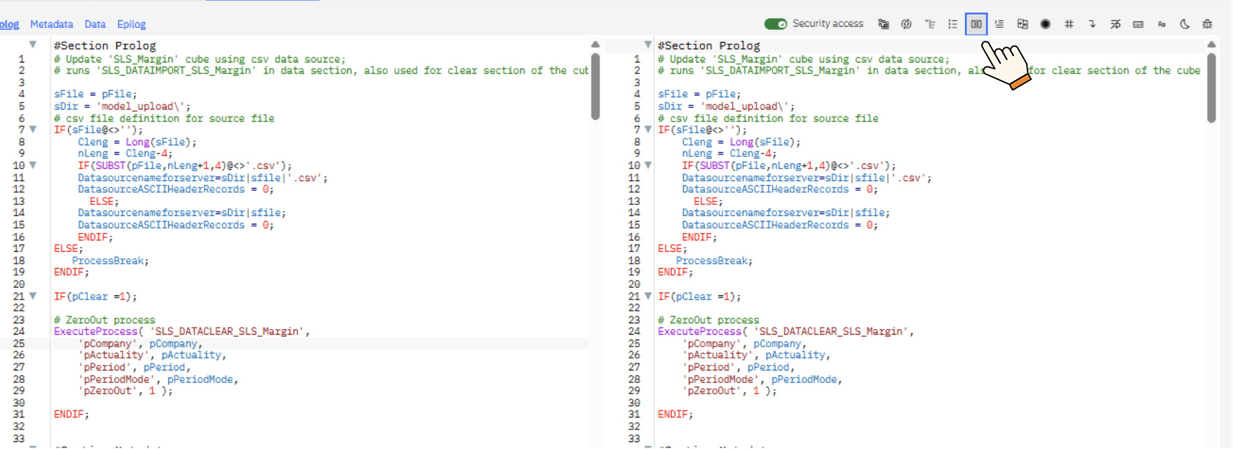 Script view editor button planning analytics